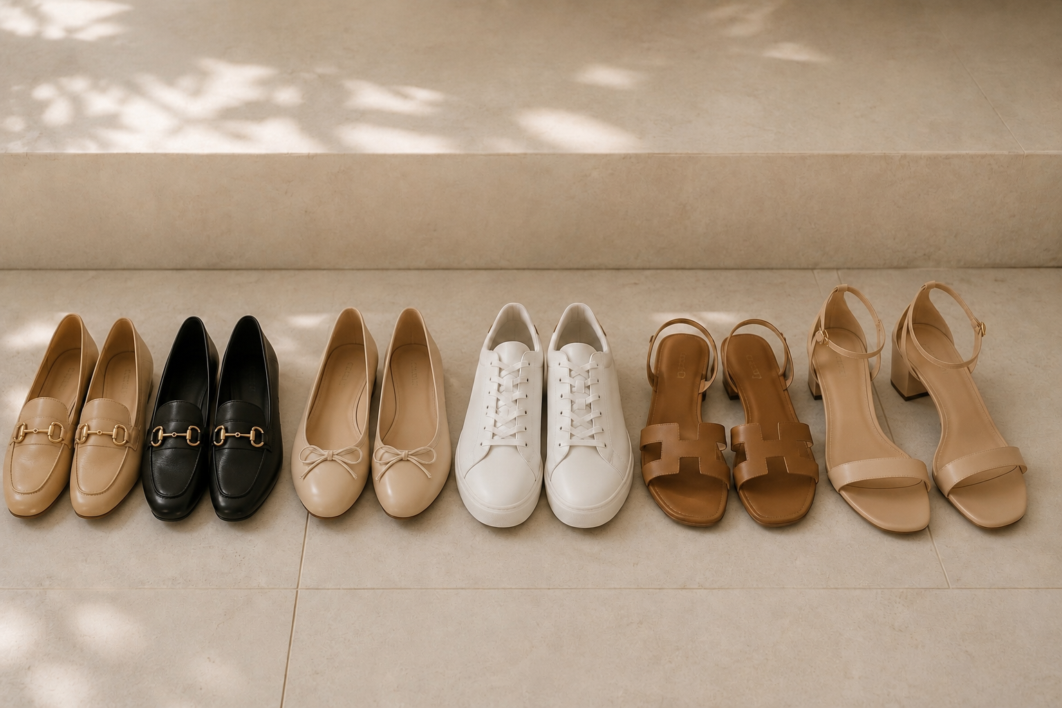 Elegant Casual Outfits for Women: Classy Everyday Outfit Ideas Elegant casual shoes including beige and black loafers, ballet flats, white sneakers, flat sandals, and low-heel sandals.