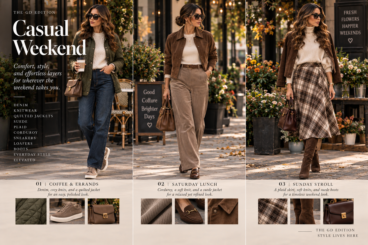 What Should I Wear This Fall? Alt text:
Three casual fall weekend outfits featuring dark denim with suede sneakers, taupe corduroy trousers with loafers, and a plaid midi skirt with tall suede boots
