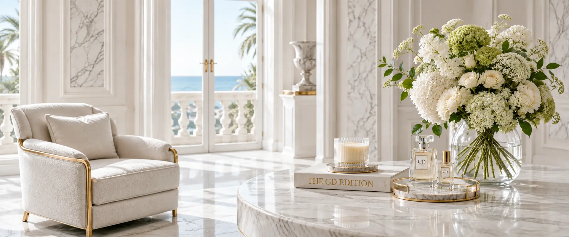 Ivory armchair beside a marble table with THE GD EDITION book, perfume bottles, and white and green flowers in a glass vase.